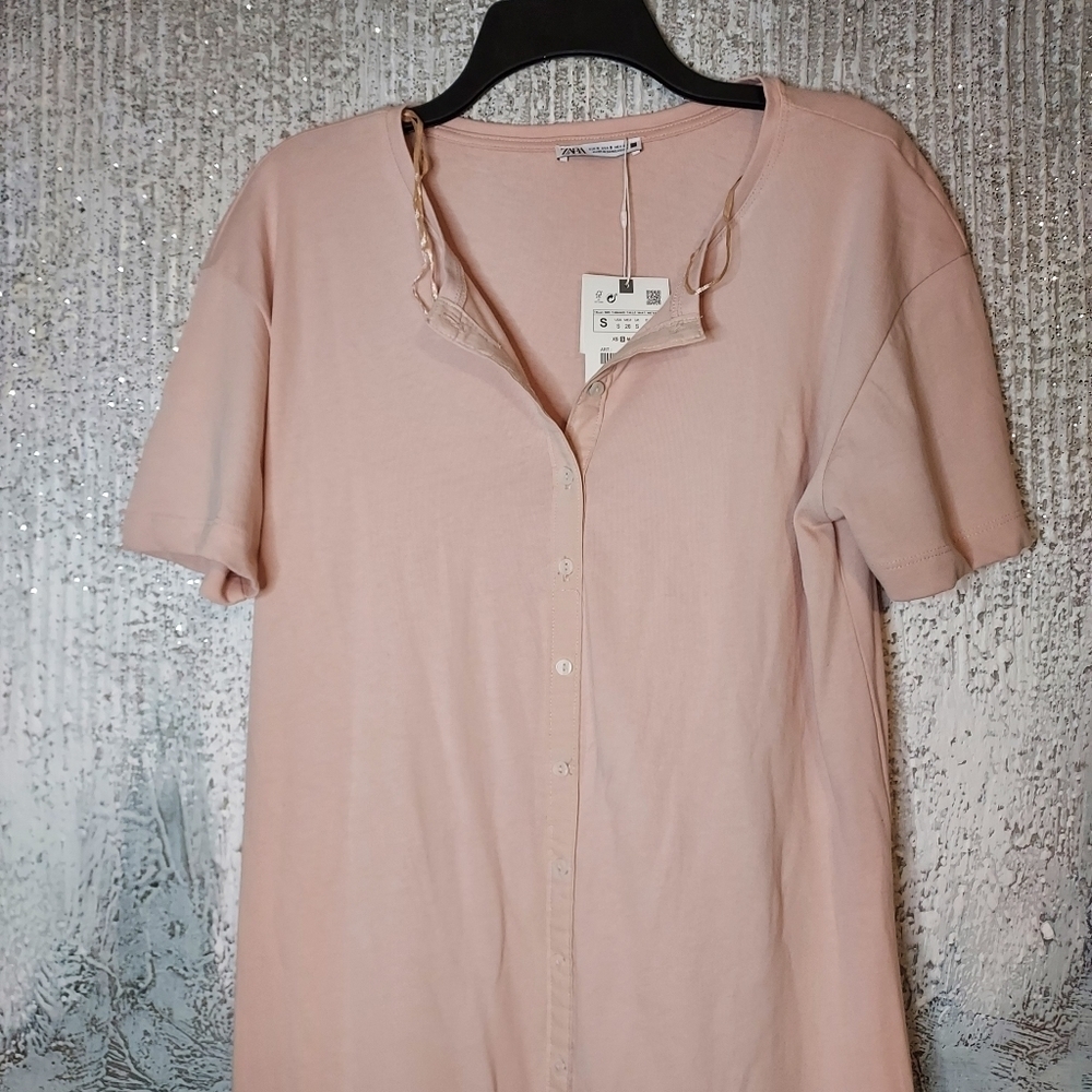 ZARA Light Pink Short Sleeve Long Button Casual Dress Sz-S - Picture 8 of 9